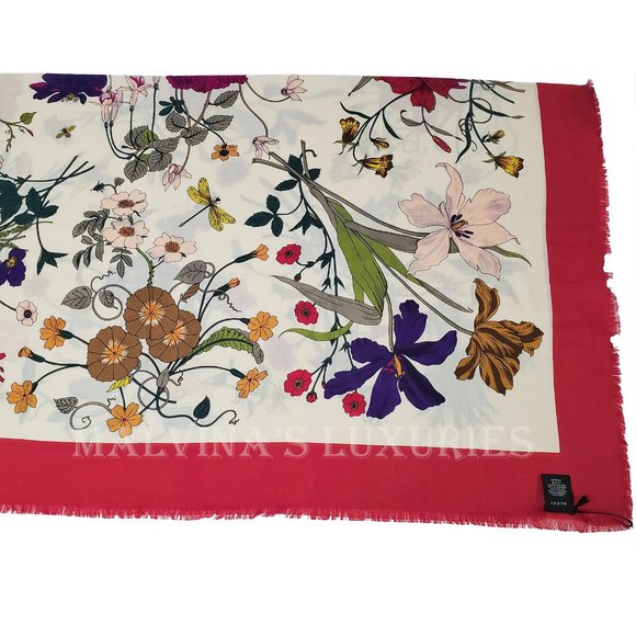 GUCCI SCARF MISS FLORA PRINT SHAWL WOOL SILK PINK BORDER SQUARE sz 55" - Picture 9 of 13